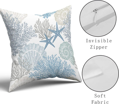 Nautical Coastal Throw Pillow Covers 18x18 Inch Summer Ocean Themed Seashell Coral Starfish Pillow Cases Set of 2 Soft Cotton Square Cushion Covers for Home Couch Sofa Patio Bedroom