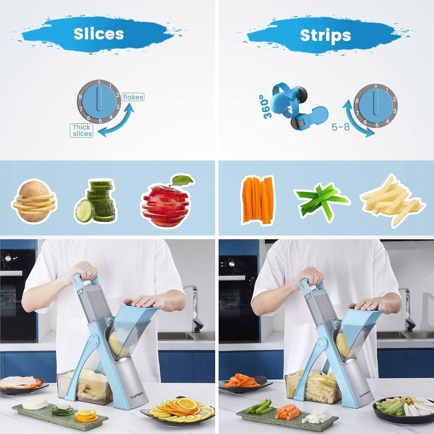 SUPMAKIN Safe Mandoline Slicer, Adjustable Thickness Potato Slicer Vegetable Chopper, Multi Slicer, Julienne + Dicer Kitchen Chopping Artifact (Blue)