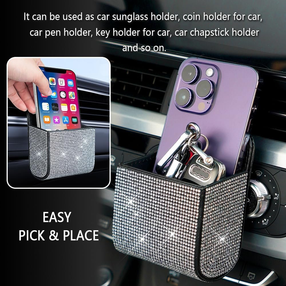 Car Vent Storage Organizer,Rhinestone Car Vent Leather Pocket,Bling Car Accessories for Women or Man,Multipurpose Car Storage