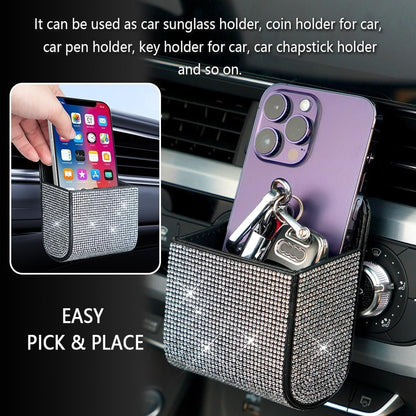 Car Vent Storage Organizer,Rhinestone Car Vent Leather Pocket,Bling Car Accessories for Women or Man,Multipurpose Car Storage