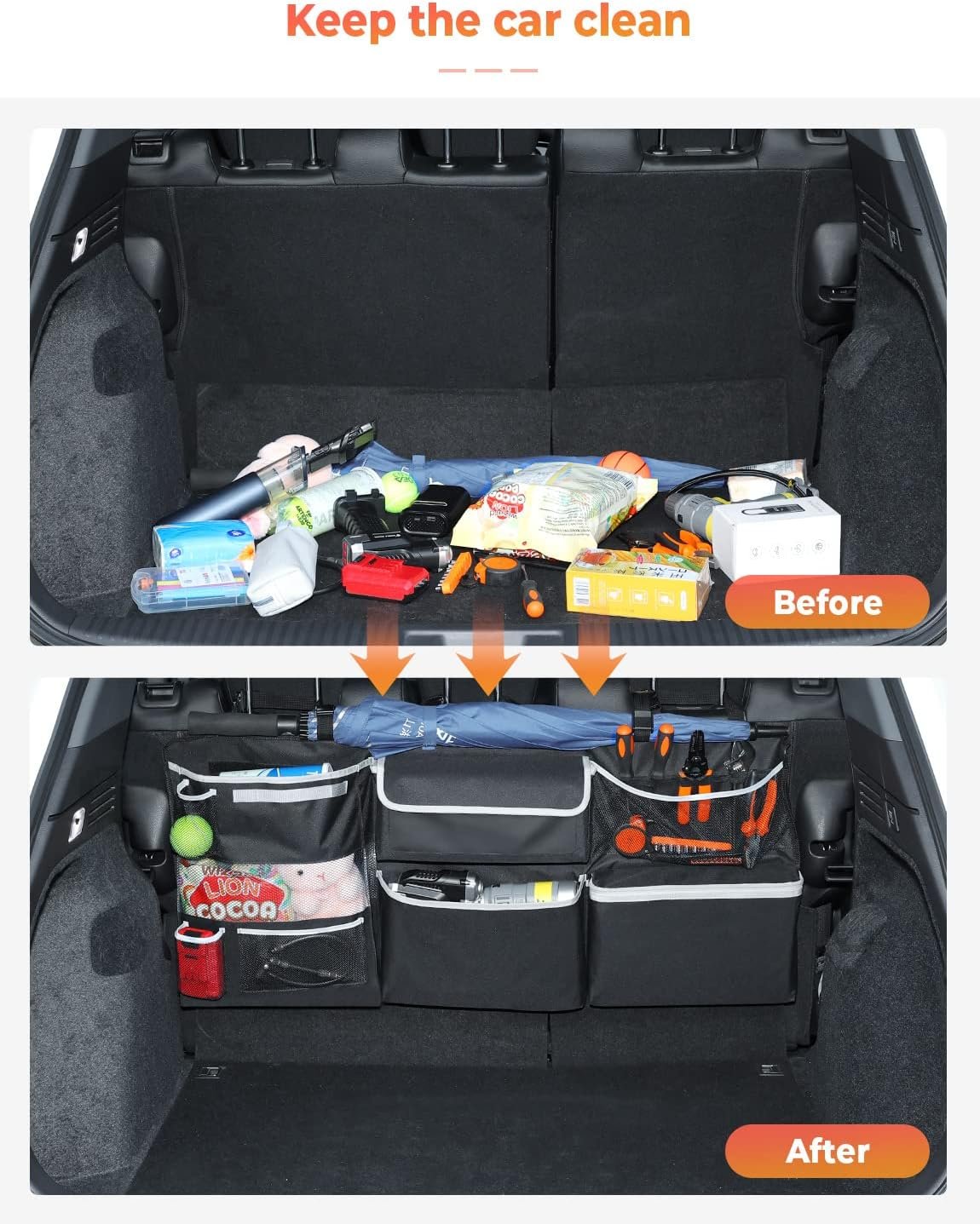 Oasser Car Storage Organizer New Version, Hanging Trunk Organizer with 10 Different Functional Storage Bags, Car Automotive Accessories Trunk Organizer for SUV Truck MPV VAN