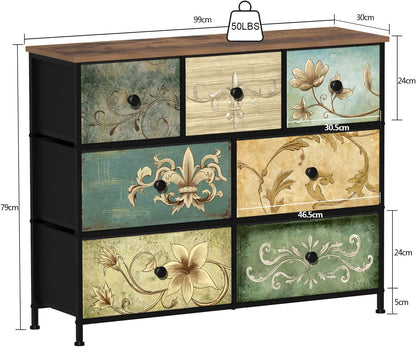 VEDECASA Bohemia 7 Drawer Dresser with Wooden Panel, Fabric Drawers, Metal Frame, Tower Dresser Organizer for Living Room, Bedroom, Hallway, VE0048