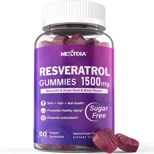Resveratrol Gummies 1500mg - Made in USA - Sugar Free Resveratrol Supplement with Quercetin, Grape Seed, Acai Berries Extracts Support Antioxidant, Healthy Aging & longevity, Skin, Brain Wellness - 1P