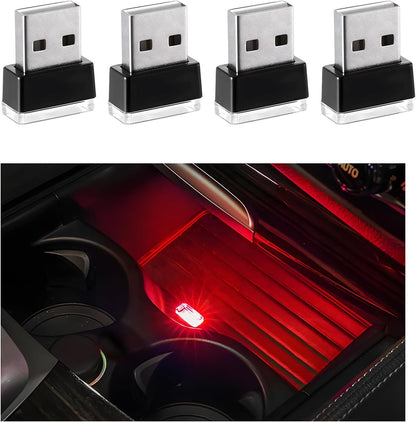 JUSTTOP 4 PCS USB LED Car Interior Atmosphere Lamp, Plug-in USB Interface Mini Trunk Ambient Night Lights, Portable USB Lighting Decor for Vehicle Laptop Keyboard, Car Accessories (Red)