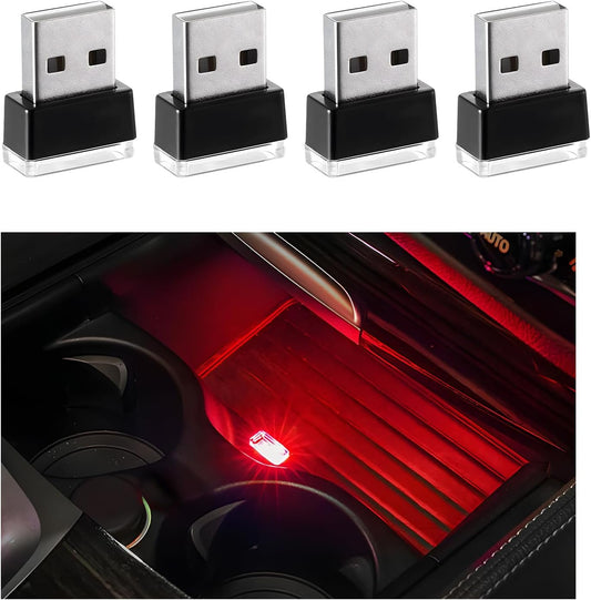 JUSTTOP 4 PCS USB LED Car Interior Atmosphere Lamp, Plug-in USB Interface Mini Trunk Ambient Night Lights, Portable USB Lighting Decor for Vehicle Laptop Keyboard, Car Accessories (Red)