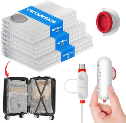 Vacbird Vacuum Bags Clothes with USB Electric Pump, 9 Pieces of Vacuum Bags (3 x 40 x 40 cm / 3 x 40 x 50 cm / 3 x 40 x 60 cm) Vacuum Bags Travel Clothes, Reusable, Space-Saving