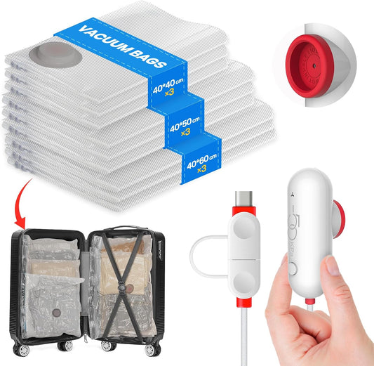 Vacbird Vacuum Bags Clothes with USB Electric Pump, 9 Pieces of Vacuum Bags (3 x 40 x 40 cm / 3 x 40 x 50 cm / 3 x 40 x 60 cm) Vacuum Bags Travel Clothes, Reusable, Space-Saving
