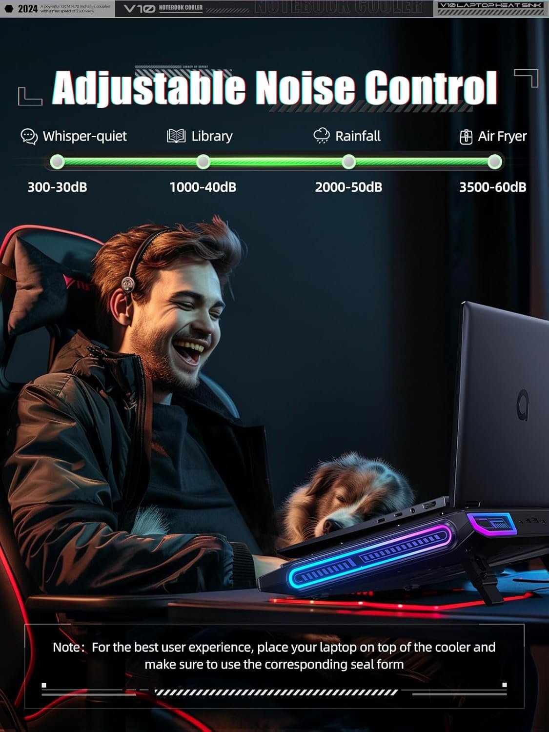 llano V10 Gaming Laptop Cooling Pad, RGB Laptop Cooler Stand with 4.72 Inch External Powerful Cooling Fan, Rapid Cooling Computer 13-17.3in, Action Button Control, 3 Adjustable Stand, 4-Port USB C&A