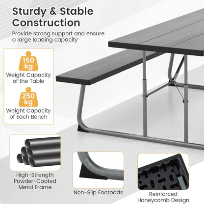 Costway Folding Picnic Table with 2 Benches, 1.8m Camping Table Set w/Metal Frame & All-Weather HDPE Tabletop, Umbrella Hole, 8-Person Large Outdoor Dining Table for Garden Yard Poolside (Black)