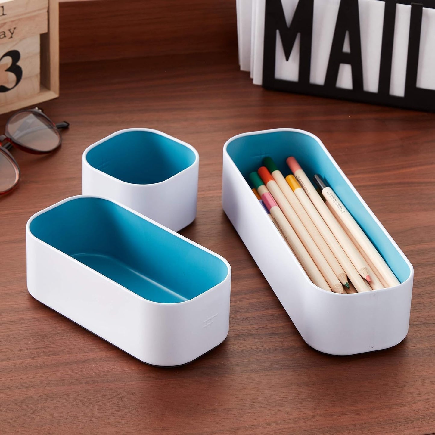 Three by Three Seattle 3 Piece Metal Stacking Bins + Drawer Organizers Set: Elevate Your Desk Organization with Playful Stackable Metal Organizers: Fun, Functional, and Stylish (Sky Blue)