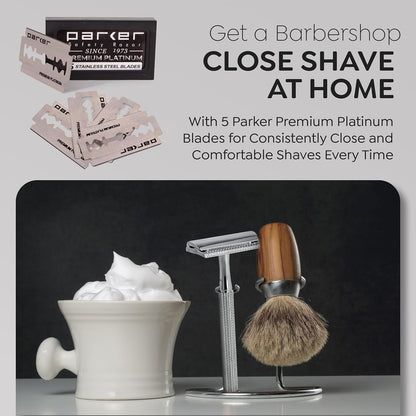 Parker 78R Double Edge Safety Razor with 5 Safety Razor Blades, Women & Men’s Safety Shaving Razor, Reusable Razor, Plastic Free – CHROME