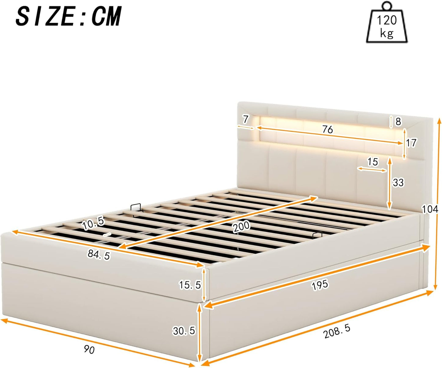 Azkoeesy LED Light Up Upholstered Bed with Storage Box Luxury Single Bed Slatted Base Velvet Upholstered Bed (Beige, 90 x 200cm)