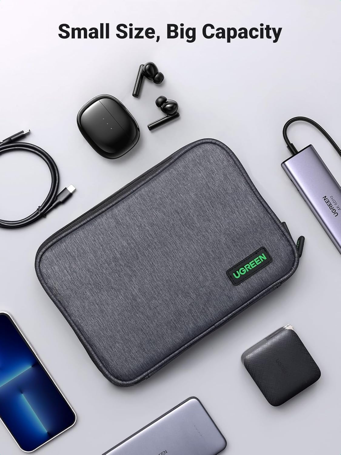 UGREEN Electronic Organizer, Portable Travel Gadget Bag, Large Capacity Tech Pouch for Small Charger Adapter Power Bank Hard Drive SD Card, Cable, Single-Layer