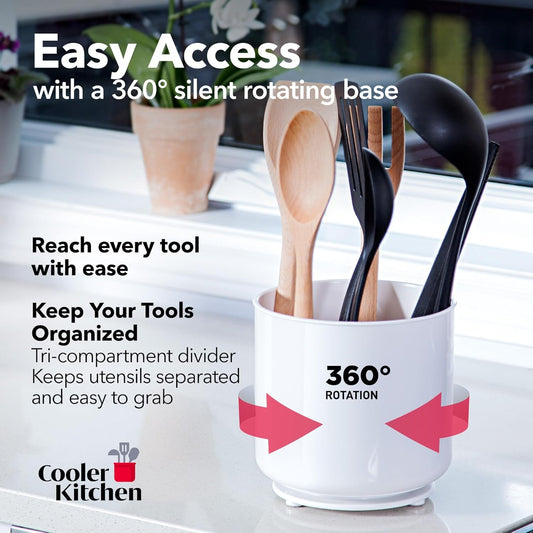 Extra Large Heavy Duty Rotary Tool Holder with Weighted Spill Resistant Base, Removable Divider and Fitted Kitchen Utensil Holder Insert, Rust Proof and Dishwasher Safe White