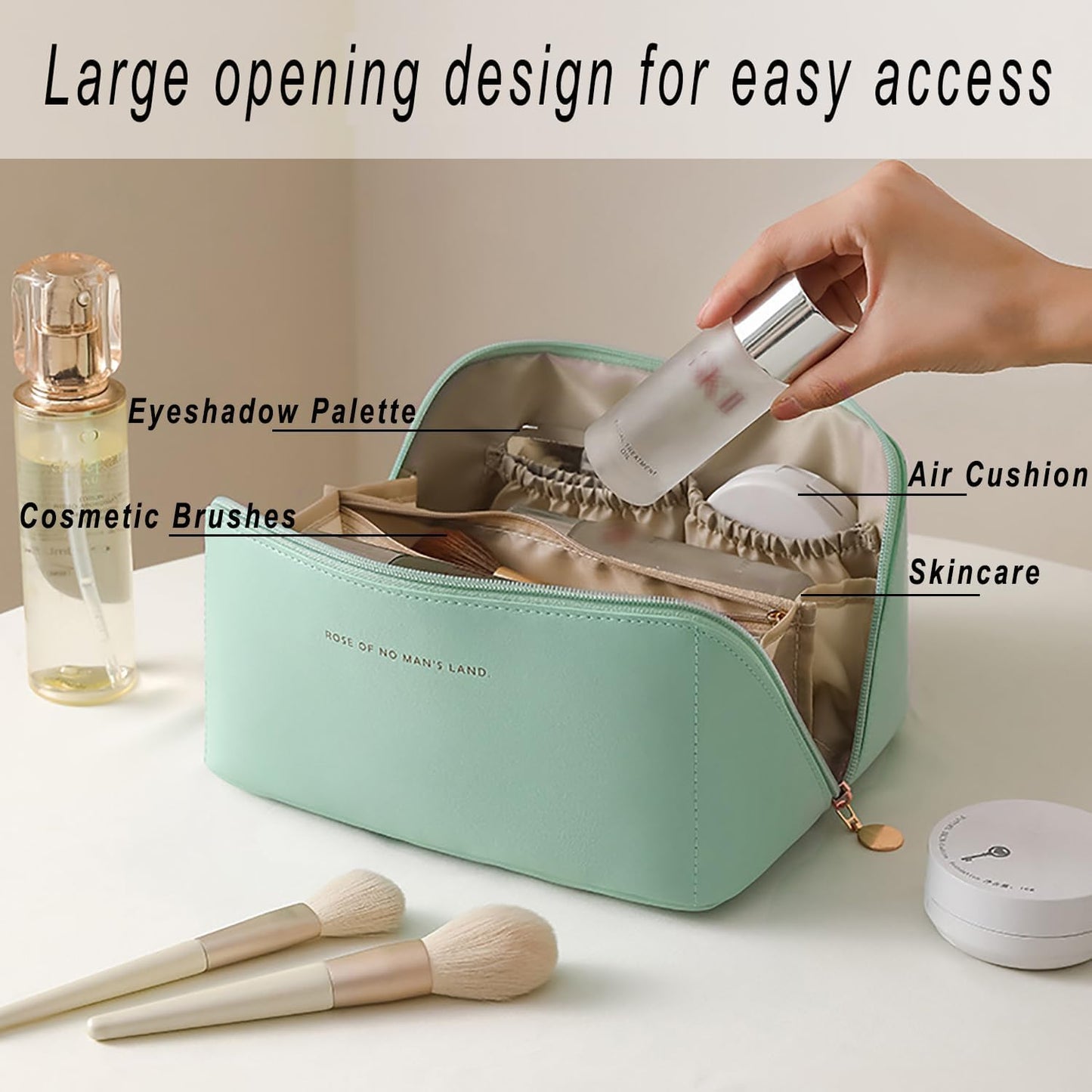 Makeup Bag Large Capacity Cosmetic Tools Bag, Make Up Bag with Zipper, Double-Layer Cosmetic Bag for Accessories, Shampoo, Cosmetics, Cosmetic Brush, Green Mint, Modern Simplicity