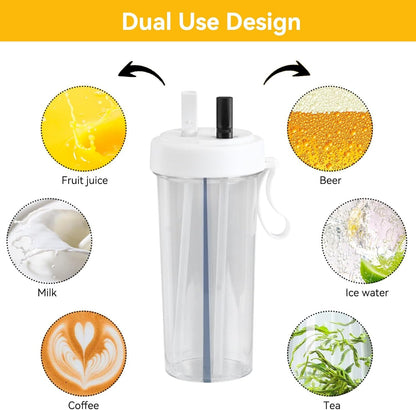 600ml Dual Use Water Bottle, Portable Split Drinking Cup with Straw Two Sided Cup with Divider Daily Water Intake Bottle Double Espresso Cups for Home Outdoor Camping Sport