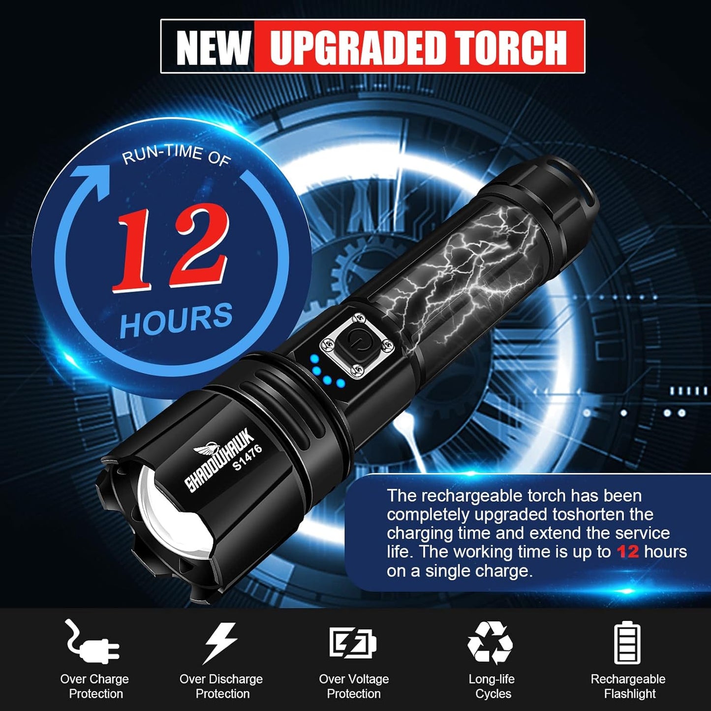 LED Torch Rechargeable Flashlight with High Lumens, Shadowhawk 20000 Lumen XHP70.2 Super Bright Torch, High Powered Torches, Powerful Handheld Tactical Flashlight for Emergency Camping Hiking Gift