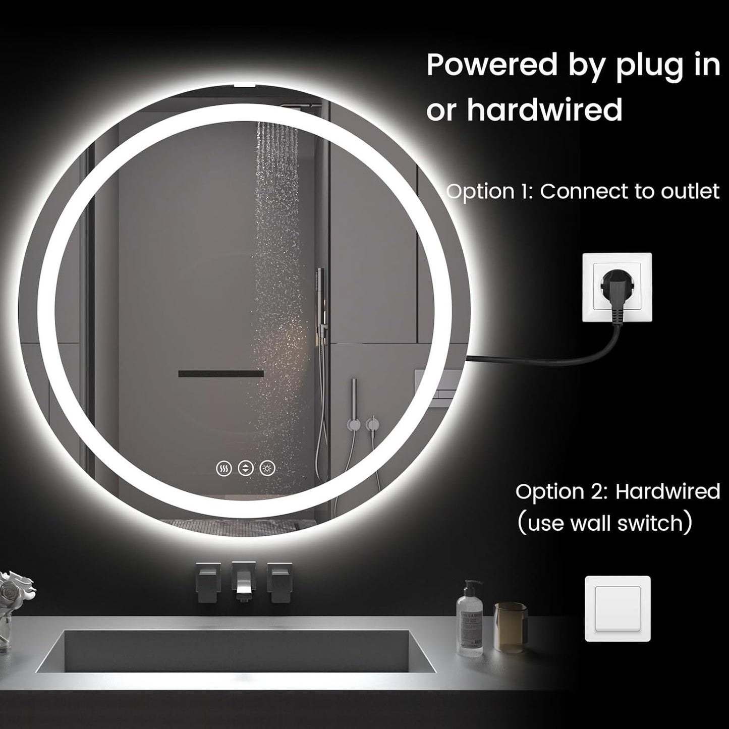 Round LED Bathroom Mirror with Lights, Backlit & Front Lighted, Wall-Mounted Vanity Mirror 3000K/4000K/6000K, Memory Functions, Anti-Fog, Dimmable Smart Mirror (Round 24" x 24")