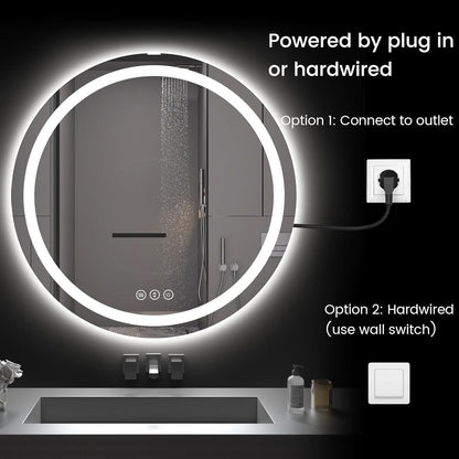 Round LED Bathroom Mirror with Lights, Backlit & Front Lighted, Wall-Mounted Vanity Mirror 3000K/4000K/6000K, Memory Functions, Anti-Fog, Dimmable Smart Mirror (Round 24" x 24")