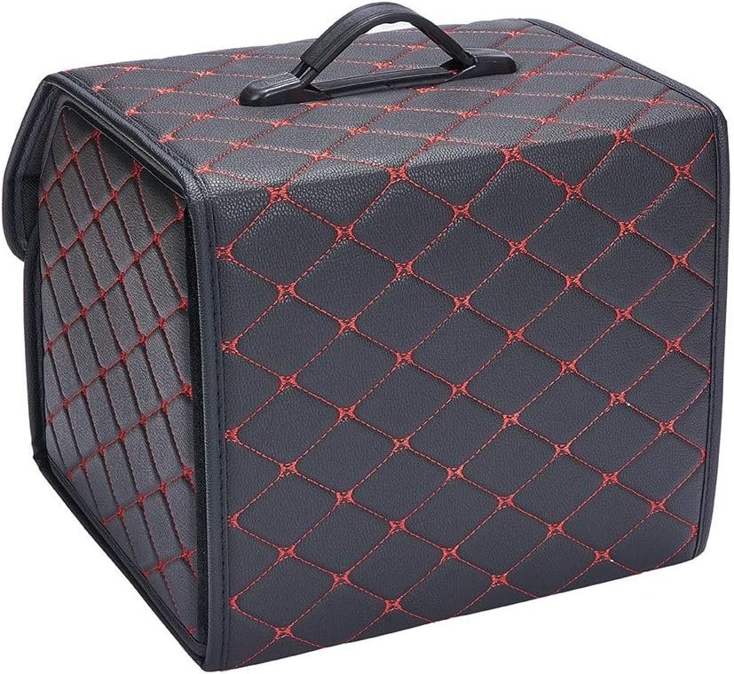 XhuangTech PU Leather Multipurpose Collapsible Car Trunk Storage Organizer with Lid 13inch Portable Auto Tools Cargo Holder Storage Box Tidy Case (Black with red line)