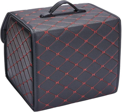 XhuangTech PU Leather Multipurpose Collapsible Car Trunk Storage Organizer with Lid 13inch Portable Auto Tools Cargo Holder Storage Box Tidy Case (Black with red line)