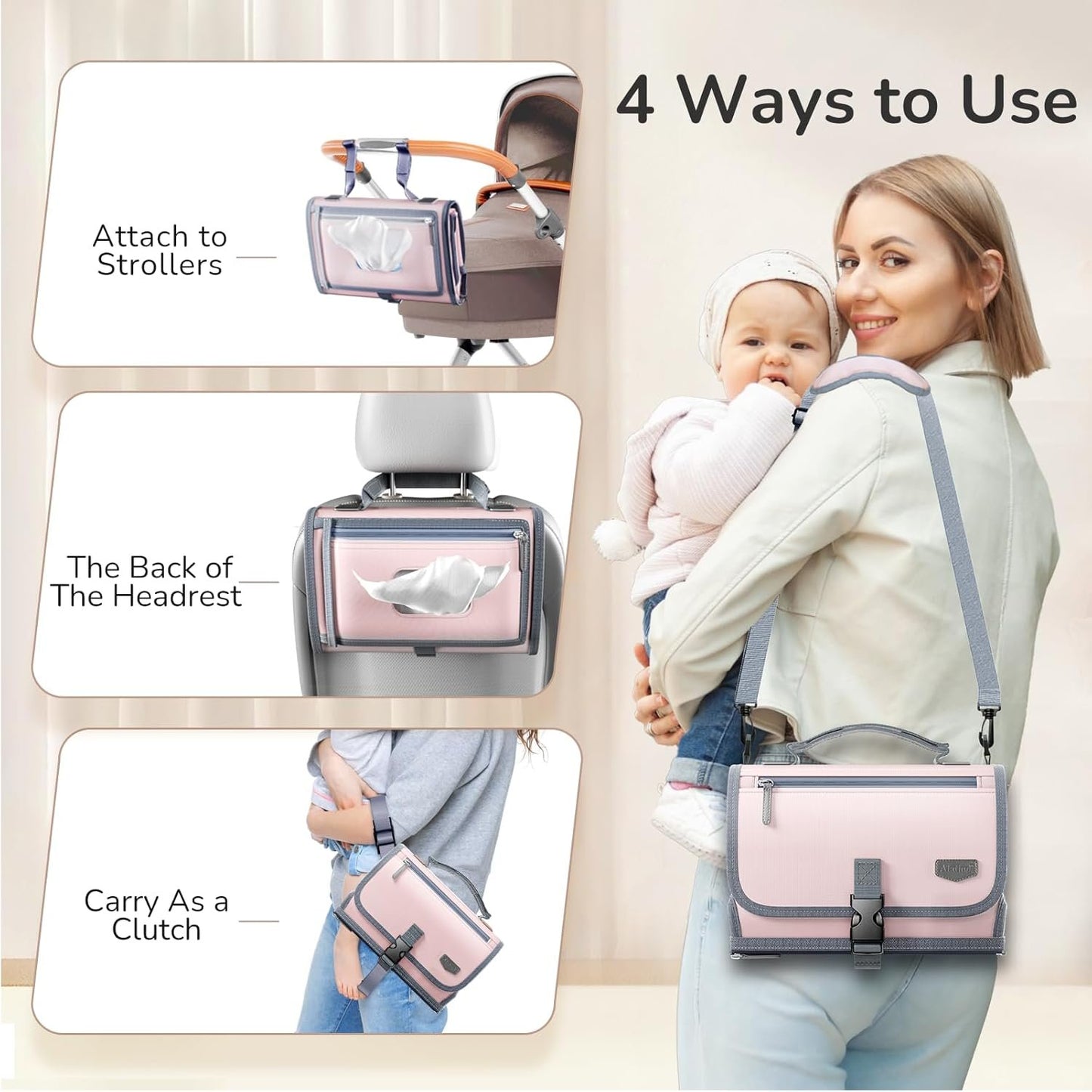 Portable Diaper Changing Pad for Baby, Detachable Travel Changing Pad with Baby Wipes Pocket, Gifts for Baby Shower, Newborn Girls and Boys (Pink)