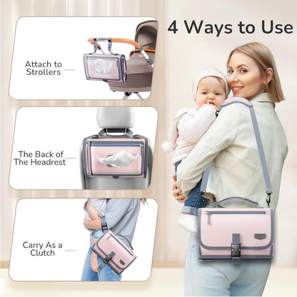 Portable Diaper Changing Pad for Baby, Detachable Travel Changing Pad with Baby Wipes Pocket, Gifts for Baby Shower, Newborn Girls and Boys (Pink)