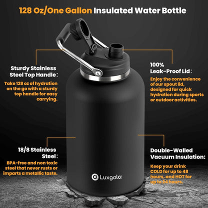 Luxgola 128 oz Insulated Water Bottle with Spout Lid and Handle, One Gallon Stainless Steel Large Double Vacuum Water Jug for Cold & Hot Drinks - Sweat Proof, Great for Travel, Gym, Camping - Black