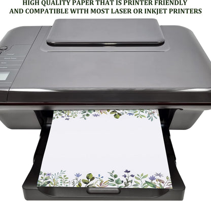 200 Sheets Rustic Greenery Letterhead Stationery - Decorative Border Design Writing Paper for Office, Home, Wedding - 8.5 x 11 Inch (Leaf)