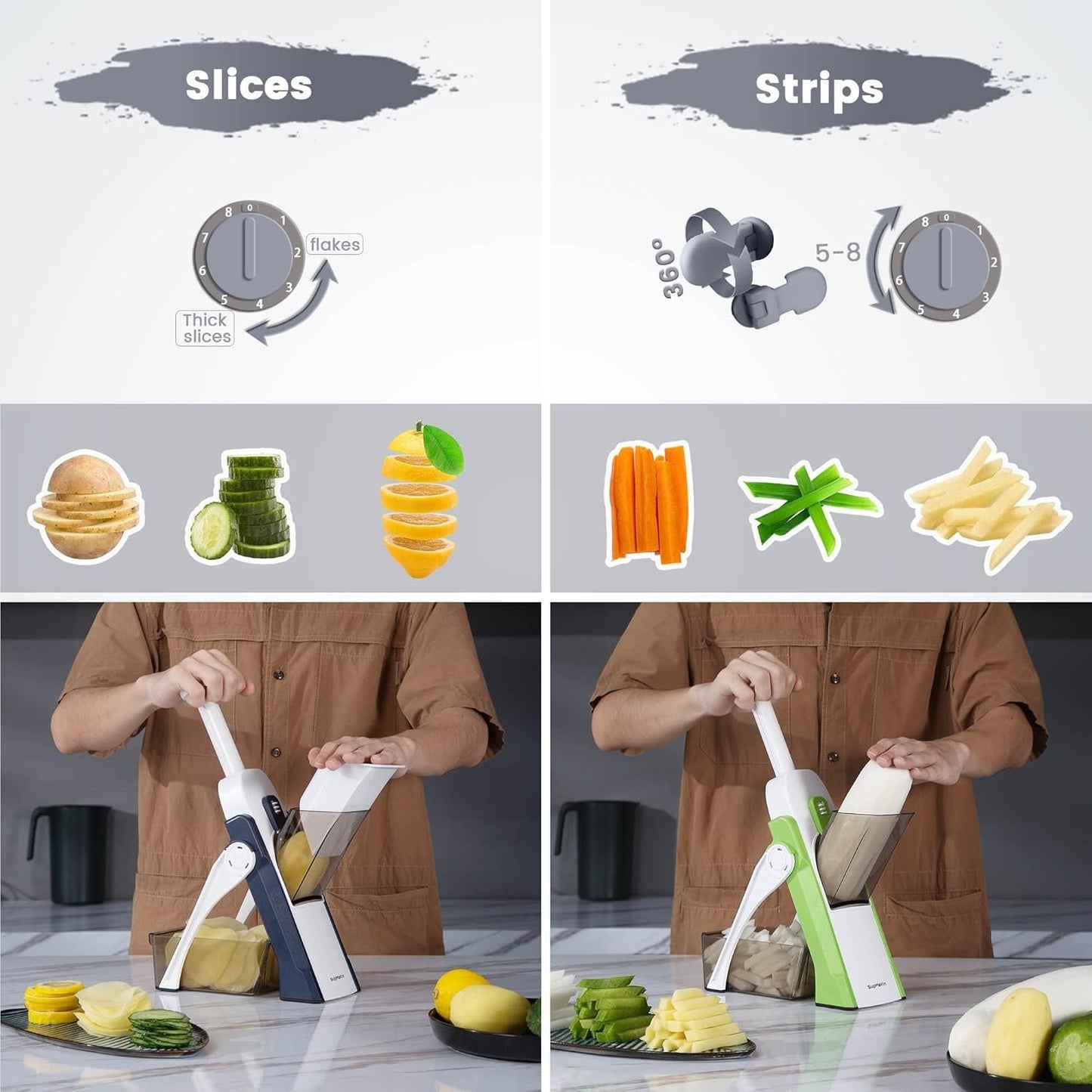 SupMaKin Mandoline Slicer for Kitchen, Safe Vegetable Chopper Adjustable Food Chopper Fruits and Vegetables Chopping Artifact (Gray)