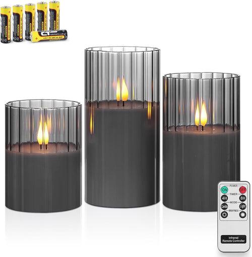 Rhytsing Smoked Ribbed Glass Battery Operated LED Candles with Remote, Flameless Candle with Timer Gift Set for Home Decor, Warm White Lights- Include 6 Batteries - Set of 3