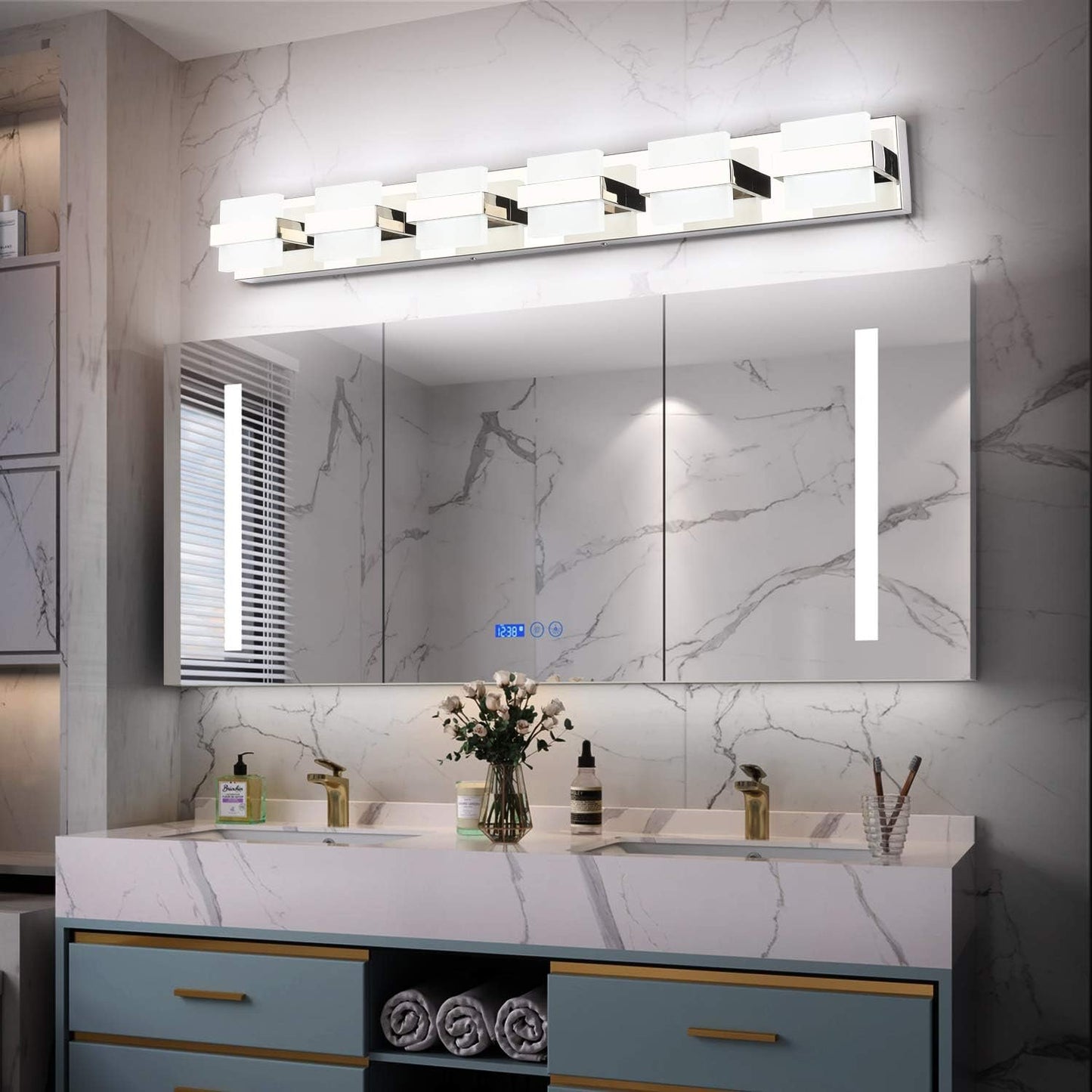 SOLFART 6 Lights Chrome Bathroom Light Fixtures Modern LED Bathroom Light Bathroom Vanity Lights Over Mirror 41 inch White Light Dimmable