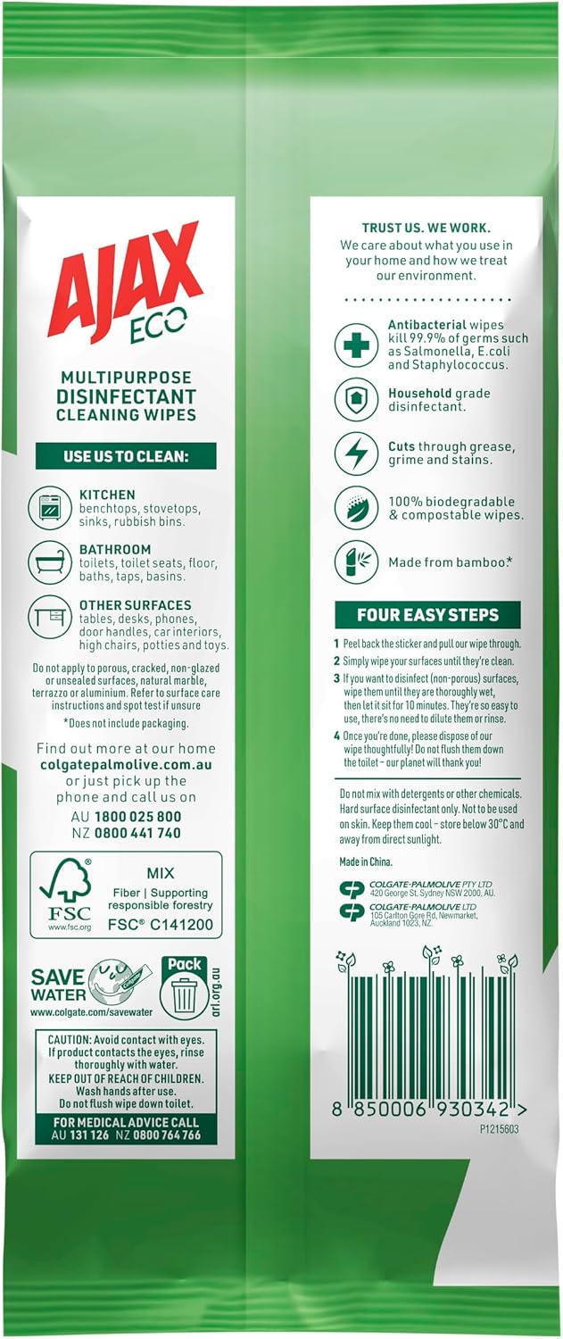 Ajax Eco Antibacterial Disinfectant Surface Cleaning Wipes, Bulk 110 Pack, Vanilla and Berries, Multipurpose, Biodegradable and Compostable, Made with Bamboo Fibres