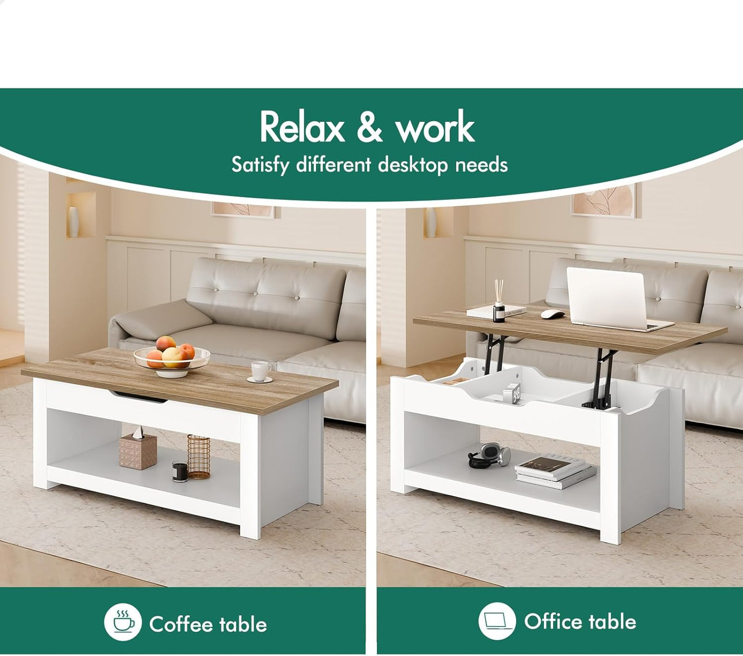 ALFORDSON Multifunctional Lift-Top Coffee Center Table Wood White Color, Dining Table for Living Room, Office, Reception & Dining, Featuring Rising Tabletop Surface, Hidden Compartment & Open Shelf