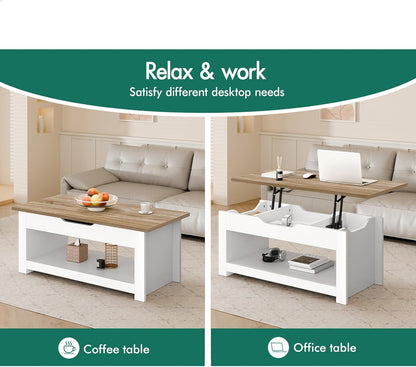 ALFORDSON Multifunctional Lift-Top Coffee Center Table Wood White Color, Dining Table for Living Room, Office, Reception & Dining, Featuring Rising Tabletop Surface, Hidden Compartment & Open Shelf
