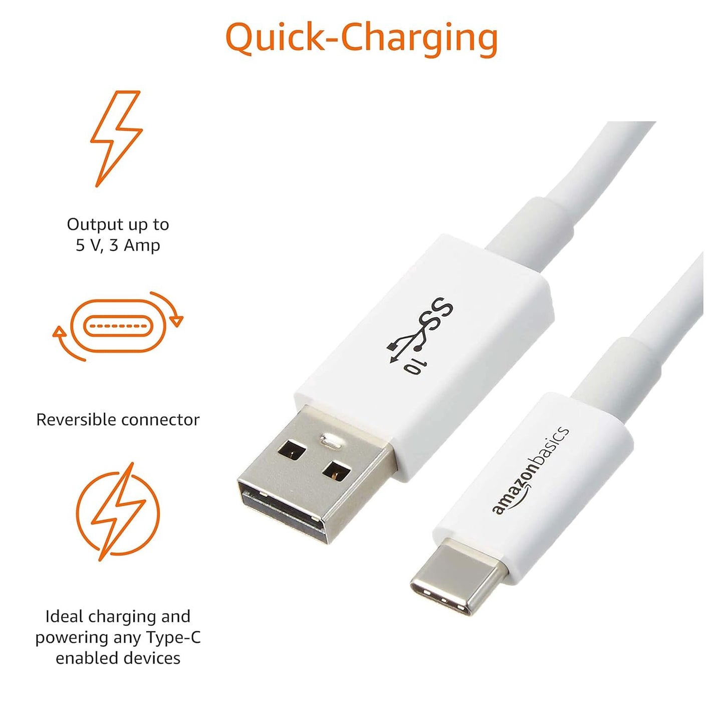 Amazon Basics USB-C to USB-A 3.1 Gen 2 Adapter Fast Charging Cable, 10Gbps High-Speed, 0.9 meters, White