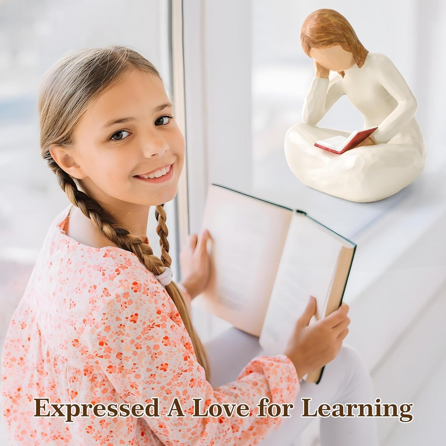 Cuayaes Home Decor Reading Thinker Statue Resin Aesthetic Sculpture Gifts for Women Book Lovers, Hand Painted Figurine for Bookshelf Office Table Living Room Decor, Graduation Gifts for Girls