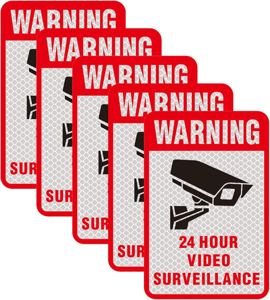 5 Pcs Reflective No Trespassing Warning Video Surveillance Yard CCTV Sign Sticker,Private Property 24 Hours Video Recording Sign,Home Fake Security Camera Stickers Signs.(Surveillance Sign)