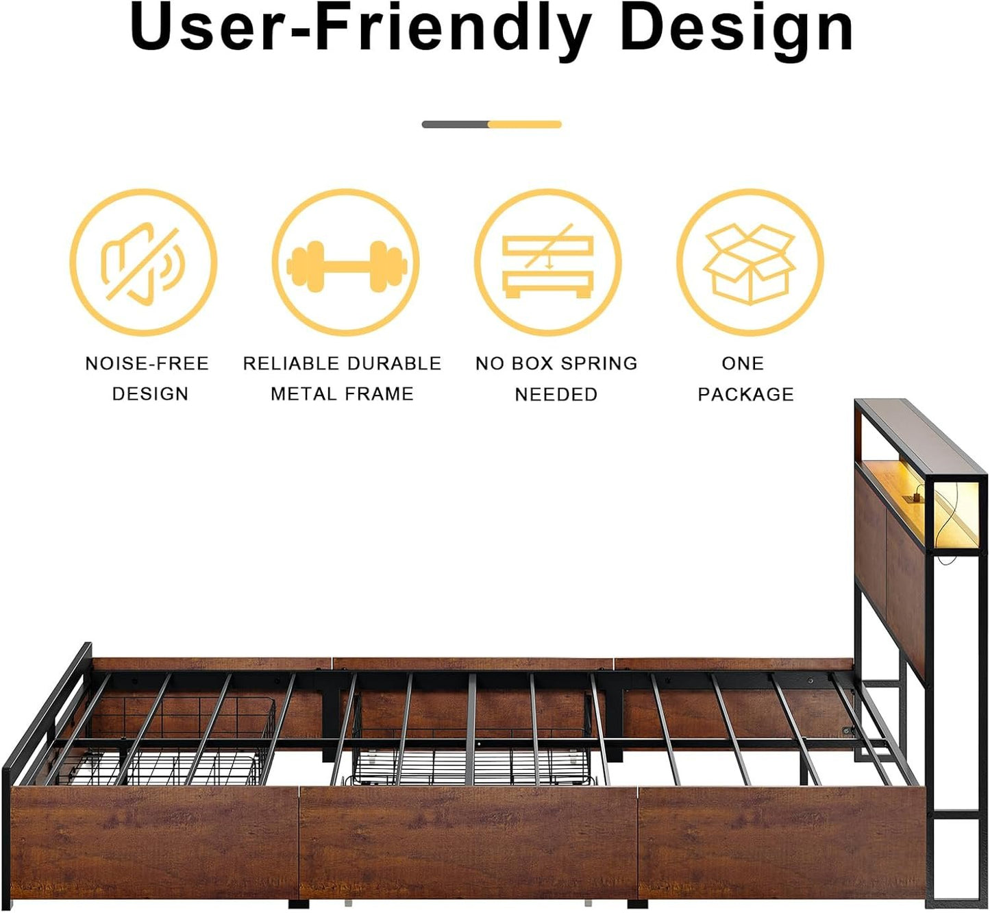 HAUSOURCE Queen Bed Frame with Storage Headboard and 4 Drawers LED Lights Metal Platform Non-Slip Without Noise Mattress Foundation Strong Metal Slats Support No Box Spring Needed