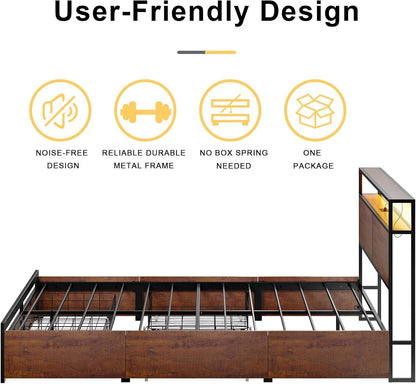 HAUSOURCE Queen Bed Frame with Storage Headboard and 4 Drawers LED Lights Metal Platform Non-Slip Without Noise Mattress Foundation Strong Metal Slats Support No Box Spring Needed