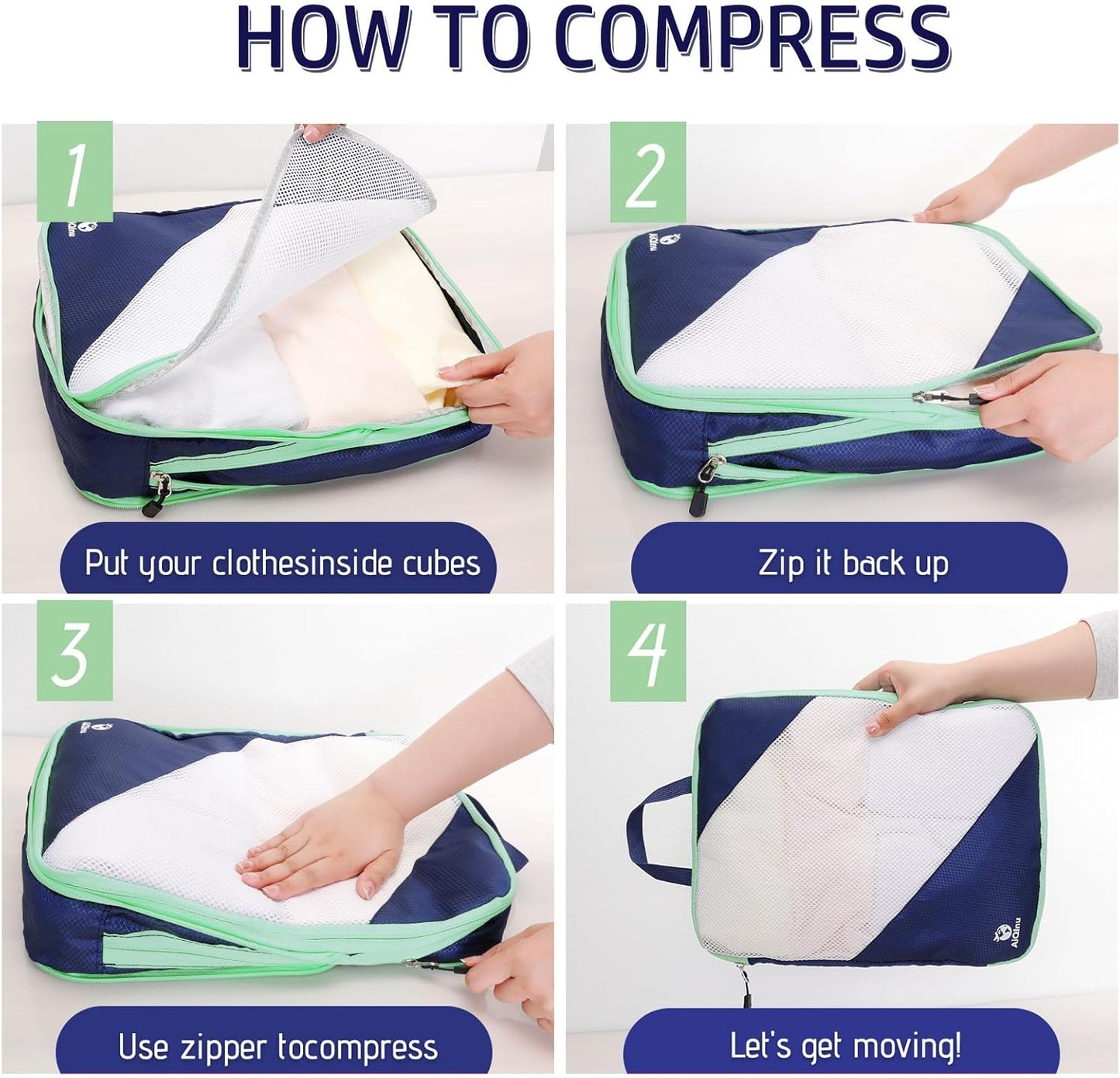 AiQInu 5-Piece Suitcase Organizer, Compression Packing Cube Space-Saving Expandable Ultralight Travel, for Clothes, Shoes, Underwear Travel Set for Backpacks or Hand Luggage (Dark Blue)