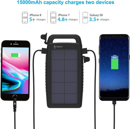 15000mAh Solar Battery Charger BigBlue Solar Charger with Dual USB-A Port, Portable Solar Power Bank with IPX4 Waterproof, Solar Panel Battery Pack with Flashlight for Camping or Hurricane(Black)