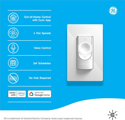 GE CYNC Smart Ceiling Fan Control, Neutral Wire Required, Bluetooth and 2.5 GHz Wi-Fi 4-Wire Smart Switch, Works with Amazon Alexa and Google Home, White