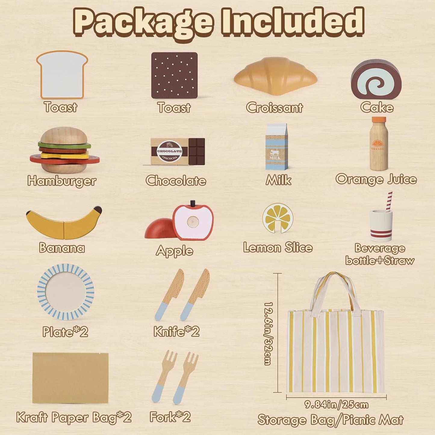 Lehoo Castle Wooden Play Food Toys, Kids Play Kitchen Accessories Toddler Cutting Fruits Vegetables Toy with Shopping Bag, Pretend Play Educational Montessori Toy Gift for Boys Girls 3+