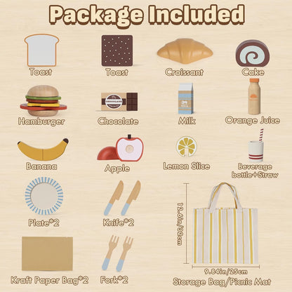 Lehoo Castle Wooden Play Food Toys, Kids Play Kitchen Accessories Toddler Cutting Fruits Vegetables Toy with Shopping Bag, Pretend Play Educational Montessori Toy Gift for Boys Girls 3+