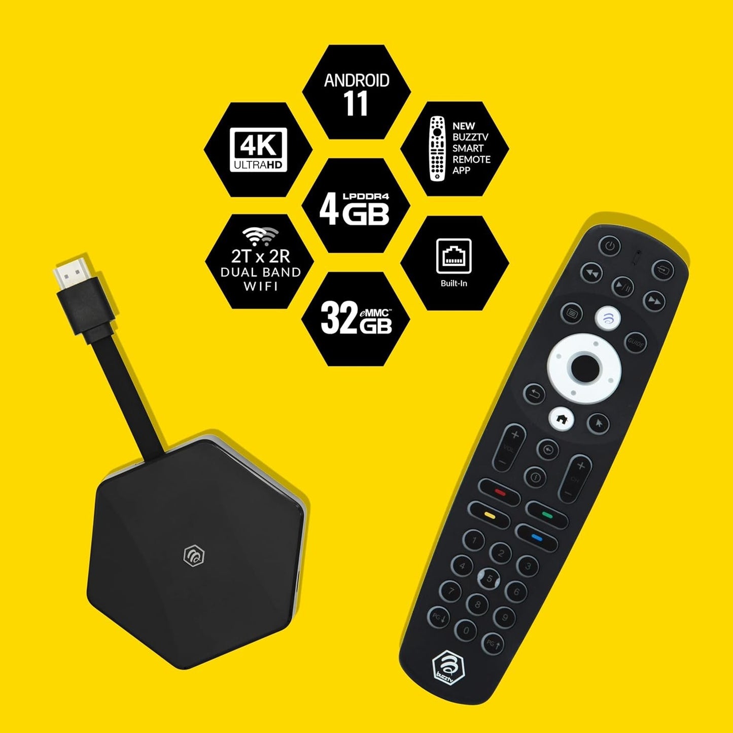 BuzzTV HD5 4GB RAM - 32GB Storage Android 11 TV Box | 4K Streaming Device Quad-Core Processor Dual-Band Wi-Fi Bluetooth 5.0