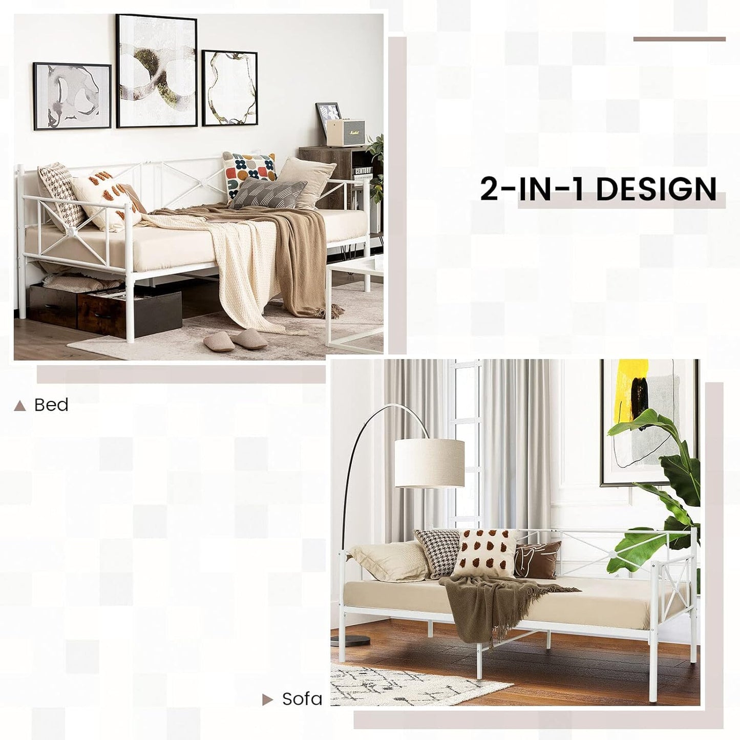 Giantex Metal Daybed Frame Single Size, Modern Single Sofa Bed, Heavy-Duty Steel Slats Support Mattress Foundation, Dual-use Platform Bed Sofa for Living Room, Guest Room, Easy Assembly, White