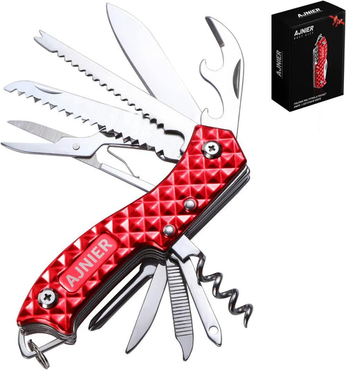 AJNIER 14 in 1 Swiss Style Folding Pocket Knife, Keychain Knife, Multitool Keychain, Army Knife, Scissors, Bottle Opener, Saw, All in One Tool for Men Women (red)