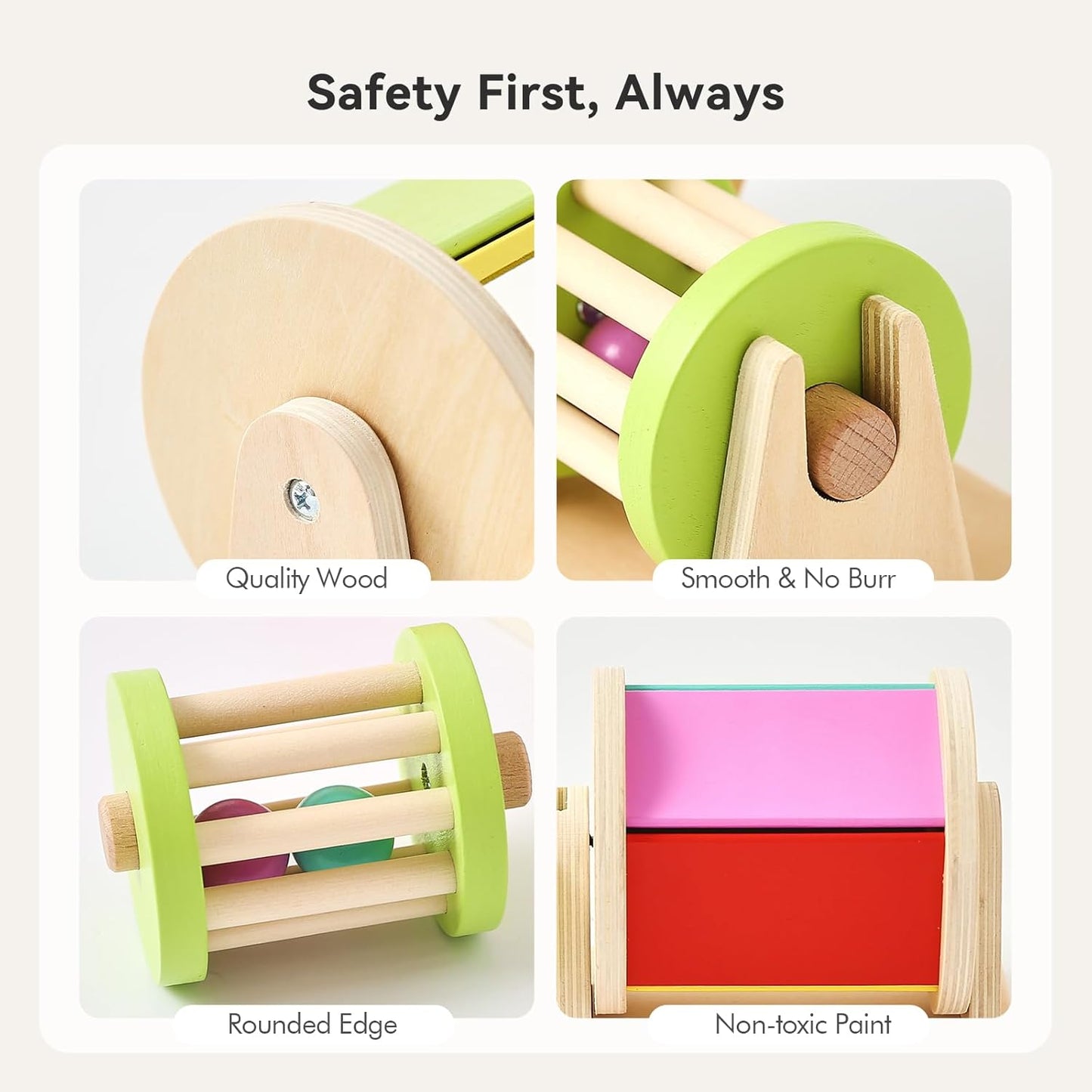 Promise Babe 2-in-1 Montessori Baby Toys | Wooden Spinning Drum & Rolling Rattle Combo for 3 6 12 Months | Sensory Development Toys with Mirror, Bells & Tummy Time Play | ASTM Certified Gift