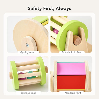 Promise Babe 2-in-1 Montessori Baby Toys | Wooden Spinning Drum & Rolling Rattle Combo for 3 6 12 Months | Sensory Development Toys with Mirror, Bells & Tummy Time Play | ASTM Certified Gift